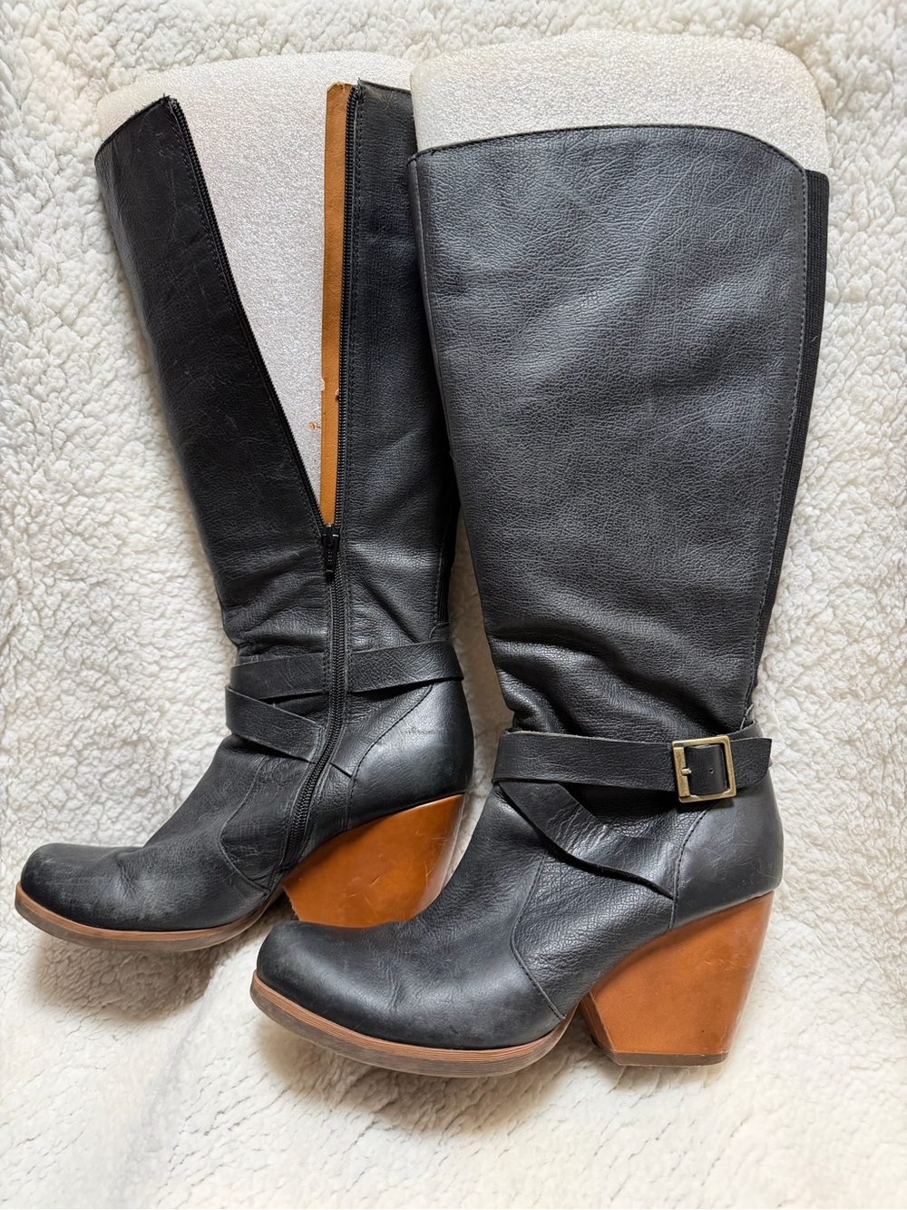 Kork Ease Tall Black Leather Wooden Heels Stretch Gusset Boots Sz 9 EU 40.5 Kork - Picture 2 of 11